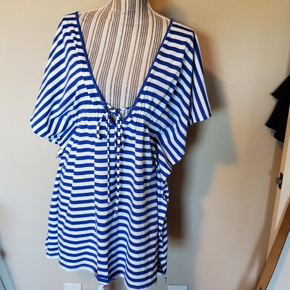 Old Navy Blue White Striped Swim Cover Up V-Neck Drawstring Kaftan Dress Medium